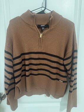 DKNY Brown Zip-Up Sweater with Black Stripes
